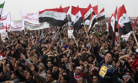 Iraqi Sunni Muslims take part in an anti-government demonstration in Falluja